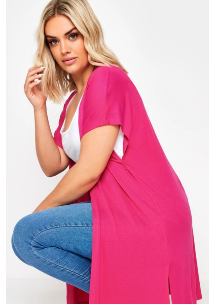 Büyük Beden Yırtmaç Detaylı Düğmesiz Esnek Kumaş Kısa Kollu Hırka 321910 fırsatları