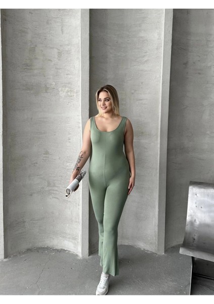 Büyük Beden Sıfır Kol Ispanyol Paça Kapamasız Esnek Tulum 224983