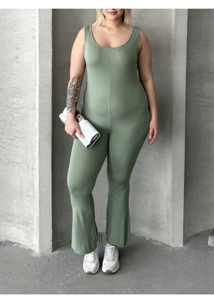 Büyük Beden Sıfır Kol Ispanyol Paça Kapamasız Esnek Tulum 224983