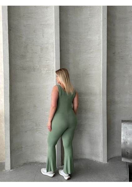 Büyük Beden Sıfır Kol Ispanyol Paça Kapamasız Esnek Tulum 224983