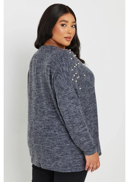 Büyük Beden V Yaka Uzun Kollu Omzu Boncuk Işlemeli Kazak 322302 indirimleri