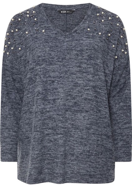 Büyük Beden V Yaka Uzun Kollu Omzu Boncuk Işlemeli Kazak 322302