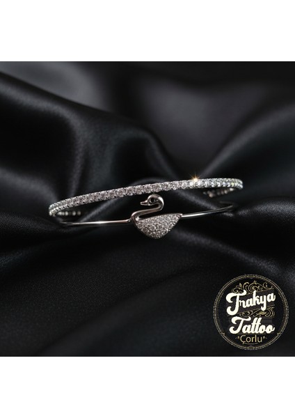 Zirkon Taşlı Kuğu Figürlü Su Yolu 2li Kadın Çelik Kelepçe Bileklik Paslanmaz