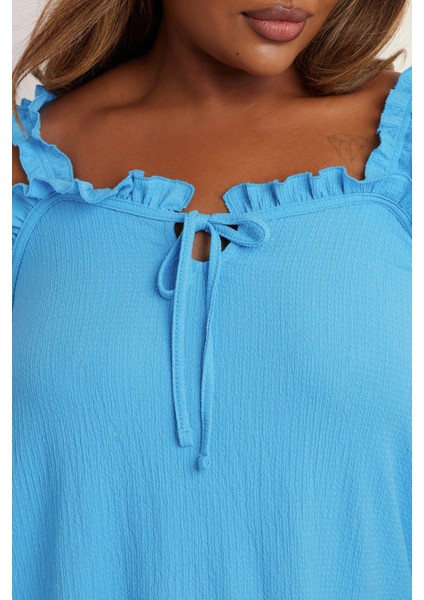 Büyük Beden Geniş Yaka Fırfır Askılı Kol Önü Bağlamalı Bluz 322690 fırsatları