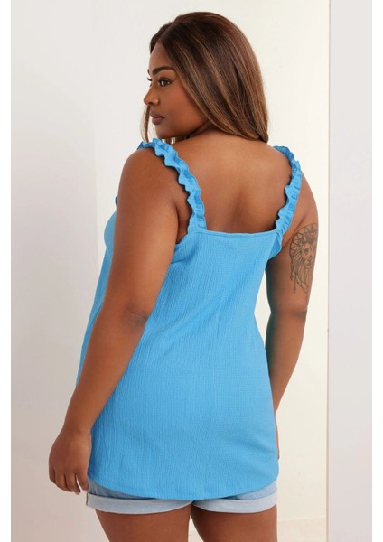 Büyük Beden Geniş Yaka Fırfır Askılı Kol Önü Bağlamalı Bluz 322690 indirimleri