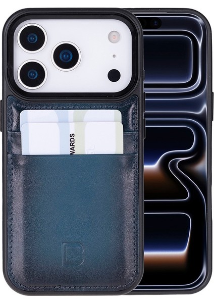 , Apple iPhone 17 Pro Için, Hakiki Deri, El Yapımı Kartlıklı Kılıf, Iç Yüzeyi Kadife, Gölgeli Mavi