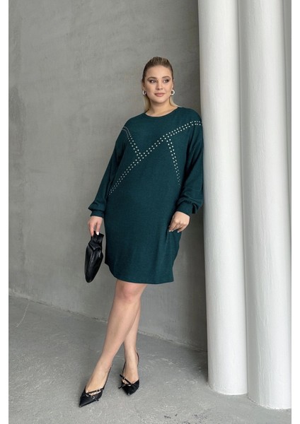 Büyük Beden Uzun Kollu Yumuşak Dokulu Taş Işlemeli Triko Elbise 285040 fiyatları
