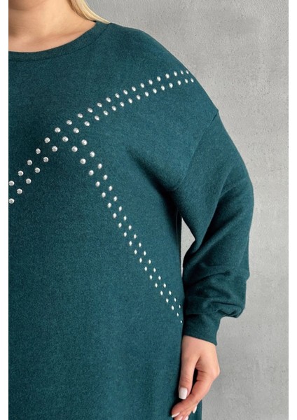 Büyük Beden Uzun Kollu Yumuşak Dokulu Taş Işlemeli Triko Elbise 285040