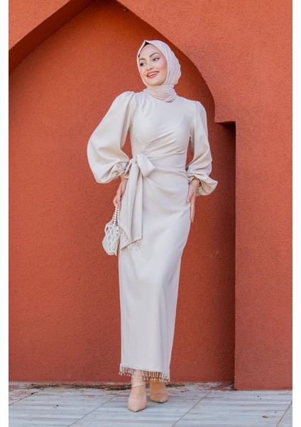 Kies Taş Püskül Detaylı Abiye-Bej