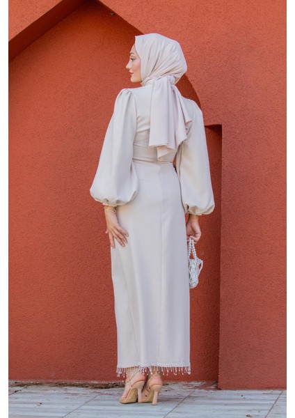 Kies Taş Püskül Detaylı Abiye-Bej fırsatları