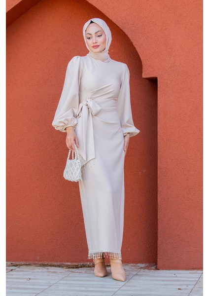 Kies Taş Püskül Detaylı Abiye-Bej indirimleri