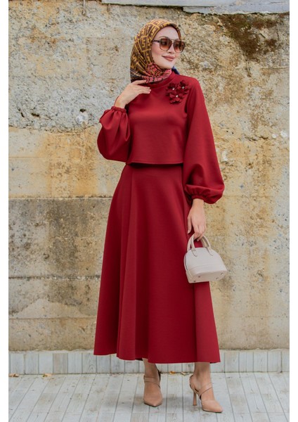 Yaka Çiçekli Puf Dalgıç Etekli Takım-Bordo