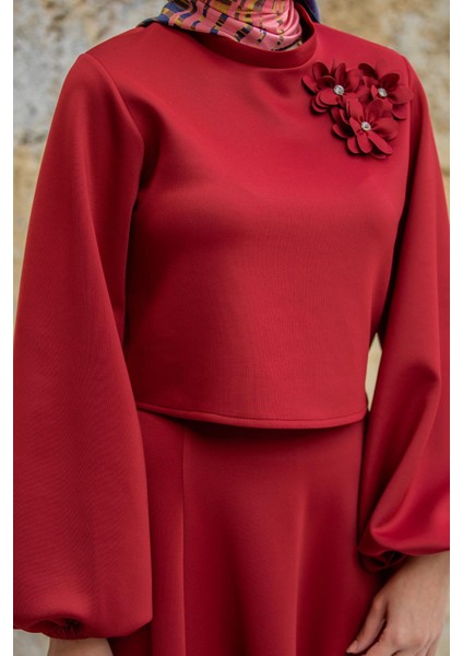 Yaka Çiçekli Puf Dalgıç Etekli Takım-Bordo fiyatları