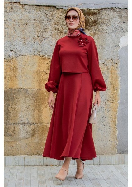 Yaka Çiçekli Puf Dalgıç Etekli Takım-Bordo modelleri