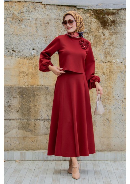 Yaka Çiçekli Puf Dalgıç Etekli Takım-Bordo indirimleri