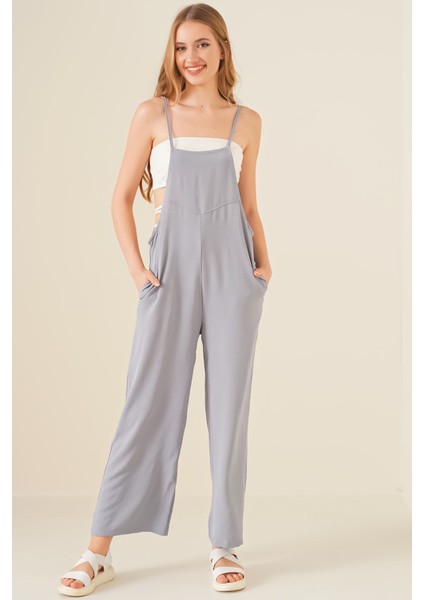 Kadın BDART Rahat Kesim Kare Yaka Geniş Paça Tulum Gri