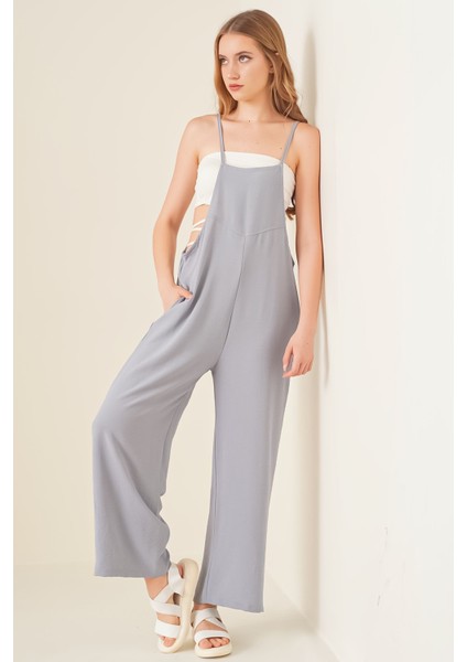 Kadın BDART Rahat Kesim Kare Yaka Geniş Paça Tulum Gri fiyatları