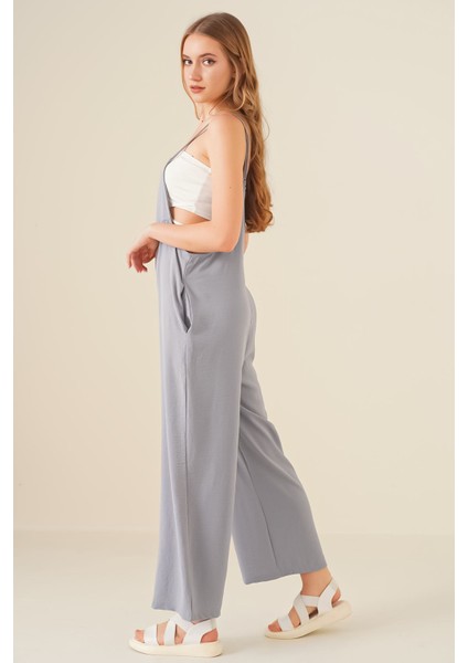 Kadın BDART Rahat Kesim Kare Yaka Geniş Paça Tulum Gri modelleri