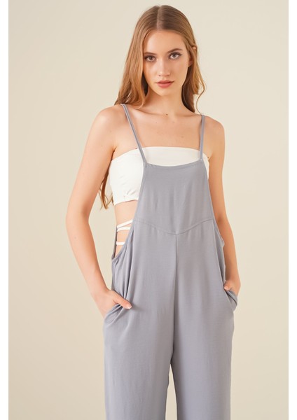 Kadın BDART Rahat Kesim Kare Yaka Geniş Paça Tulum Gri fırsatları