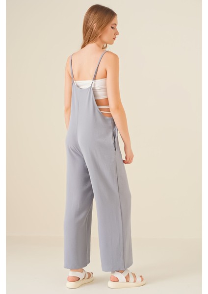 Kadın BDART Rahat Kesim Kare Yaka Geniş Paça Tulum Gri