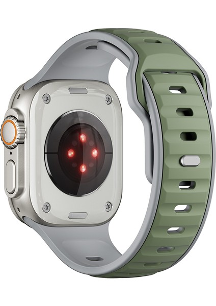 Apple Watch 11 (46MM) Uyumlu Yeni Tasarım Silikon KORDON-135 Açık Yeşil-Gri