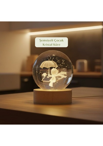 3D LED Şemsiyeli Çocuk Kristal Küre – Sarı Işıklı, Dekoratif ve Hediyelik Ürün
