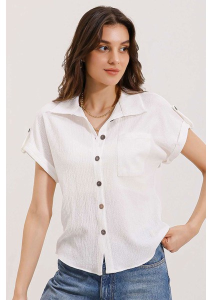 Kadın BDART Cep Detaylı Dokulu Gömlek White