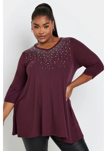 Büyük Beden V Yakası Taş Işlemeli Kolları Büzgülü Bluz 322227