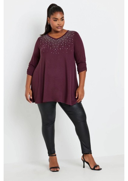 Büyük Beden V Yakası Taş Işlemeli Kolları Büzgülü Bluz 322227 fırsatları