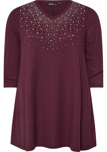 Büyük Beden V Yakası Taş Işlemeli Kolları Büzgülü Bluz 322227