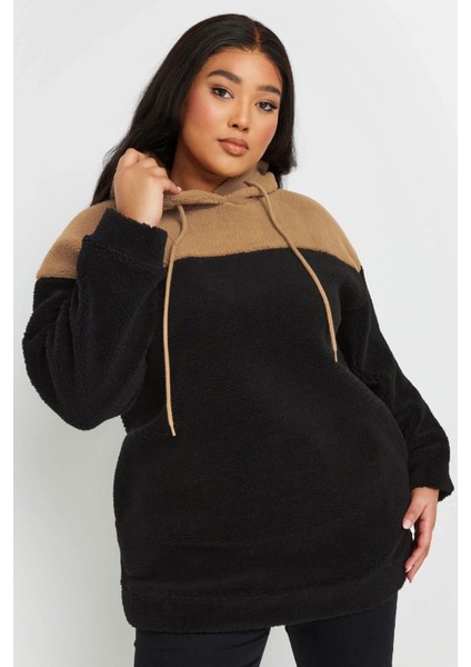 Büyük Beden Uzun Kollu Kapüşonlu ve Cepli Peluş Sweatshirt 303796