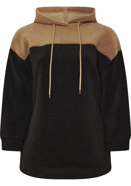 Büyük Beden Uzun Kollu Kapüşonlu ve Cepli Peluş Sweatshirt 303796
