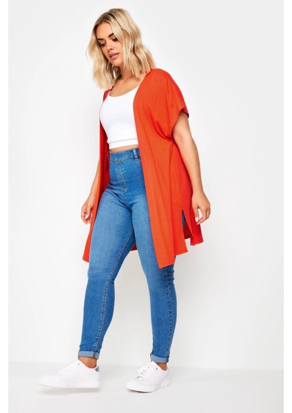 Büyük Beden Yırtmaç Detaylı Düğmesiz Esnek Kumaş Kısa Kollu Hırka 321906 fiyatları