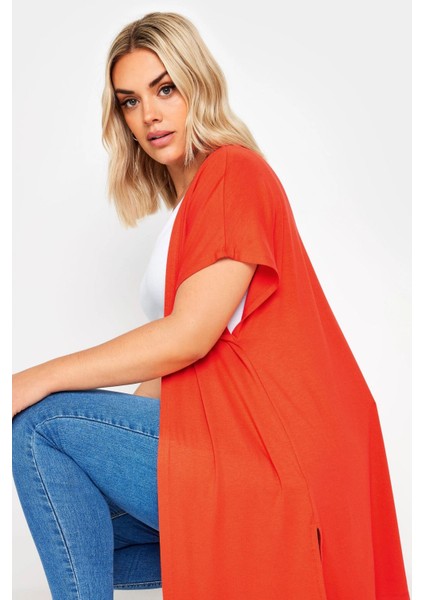 Büyük Beden Yırtmaç Detaylı Düğmesiz Esnek Kumaş Kısa Kollu Hırka 321906 fırsatları