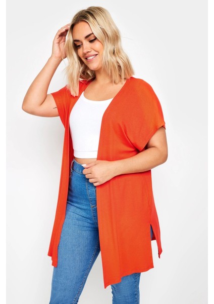 Büyük Beden Yırtmaç Detaylı Düğmesiz Esnek Kumaş Kısa Kollu Hırka 321906 indirimleri