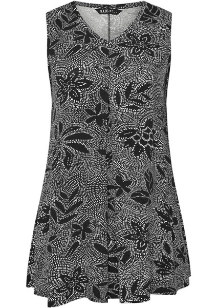 Büyük Beden Kolsuz V Yaka Desenli Likralı Bluz 321773