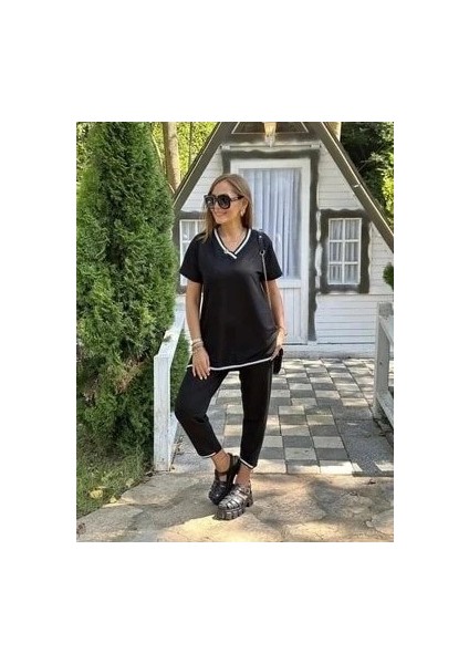 Mdb Kadın Kısa Kollu V Yakalı Iki Iplik Bluz ve Pantolon Ikili Takım modelleri