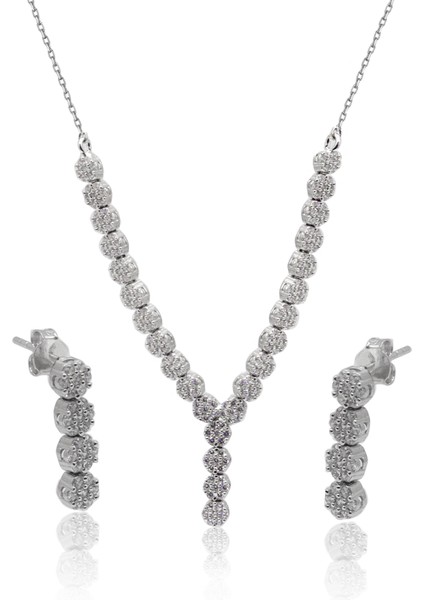 Zirkon Taşlı Yuvarlak Model 925 Ayar Gümüş Ikili Set 201024691