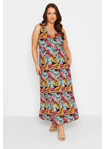 Büyük Beden V Yaka Sıfır Kol Desenli Uzun Elbise 301902