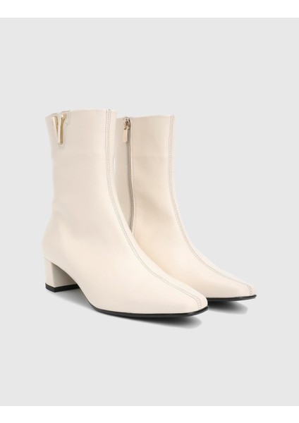 Parisa Hakiki Deri Krem Kadın Topuklu Bot