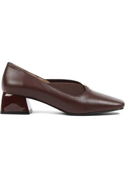 Kadın Kahverengi Tokalı Kalın Topuklu Deri Klasik Ayakkabı