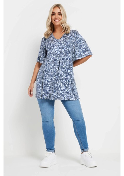 Büyük Beden V Yaka Kısa Kollu Eteği Bollaşan Desenli Bluz 303624 fırsatları