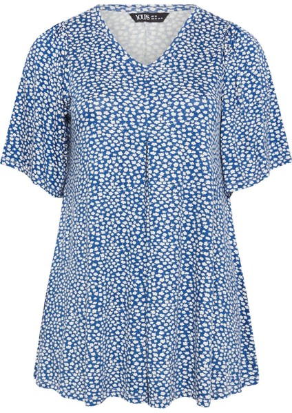 Büyük Beden V Yaka Kısa Kollu Eteği Bollaşan Desenli Bluz 303624