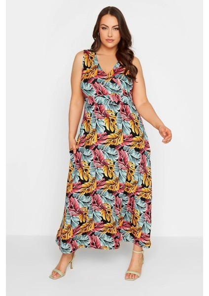 Büyük Beden V Yaka Sıfır Kol Desenli Uzun Elbise 301902 fırsatları