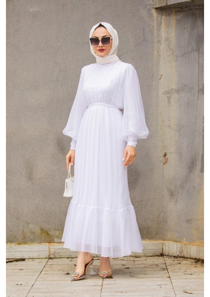 Mindy Drapeli Özel Gün Elbisesi-Beyaz