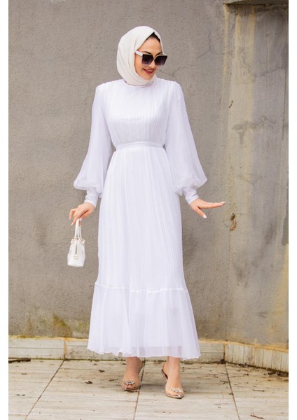 Mindy Drapeli Özel Gün Elbisesi-Beyaz fırsatları