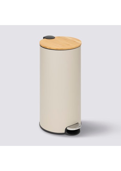 30 L Metal Pedallı Çöp Kovası Bej | Bambu Kapak, Yavaş Kapanma, Kolay Temizlik Çıkarılabilir Yıkanabilir İç Sepet