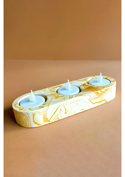 El Yapımı Sarı Mermer Desenli Beton Tealight Mumluk | Şamdan ve Dekoratif Masa Mumluğu