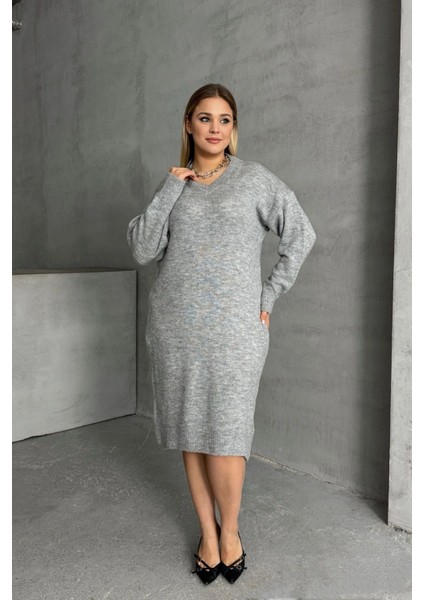 Büyük Beden V Yaka Uzun Kollu Örme Kazak Elbise 302335 fiyatları