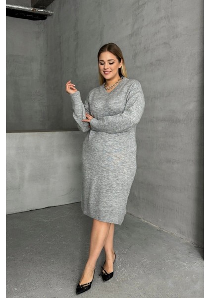 Büyük Beden V Yaka Uzun Kollu Örme Kazak Elbise 302335 fırsatları